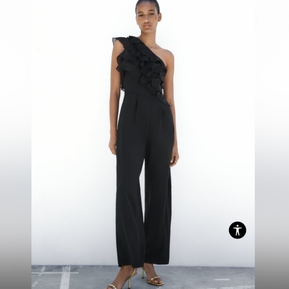 Zara One Shoulder Ruffled Jumpsuit, Size S